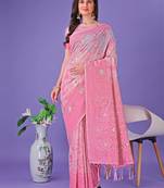 Light pink linen cotton woven zari work tassel saree