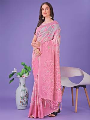 Light pink linen cotton woven zari work tassel saree 2