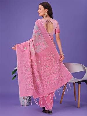 Light pink linen cotton woven zari work tassel saree 3