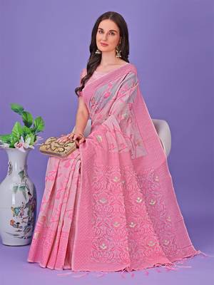 Light pink linen cotton woven zari work tassel saree 4