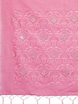 Light pink linen cotton woven zari work tassel saree 5