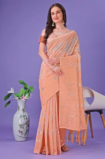 Peach linen cotton woven zari work tassel saree