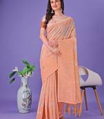 Peach linen cotton woven zari work tassel saree