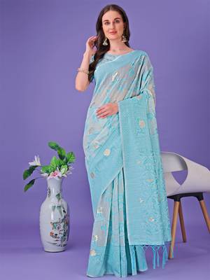 Sky blue linen cotton woven zari work tassel saree 1