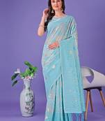 Sky blue linen cotton woven zari work tassel saree