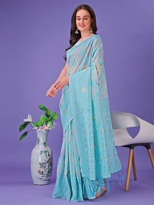 Sky blue linen cotton woven zari work tassel saree 2