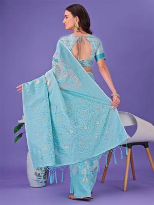 Sky blue linen cotton woven zari work tassel saree 3