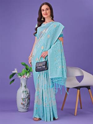 Sky blue linen cotton woven zari work tassel saree 4