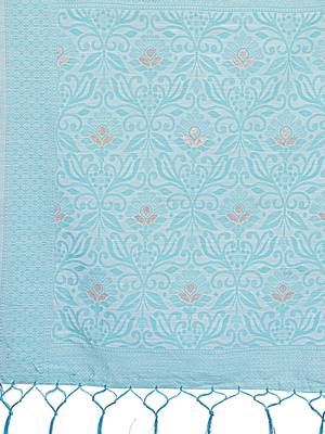 Sky blue linen cotton woven zari work tassel saree 5
