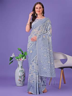 Grey linen cotton woven zari work tassel saree 1