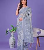 Grey linen cotton woven zari work tassel saree