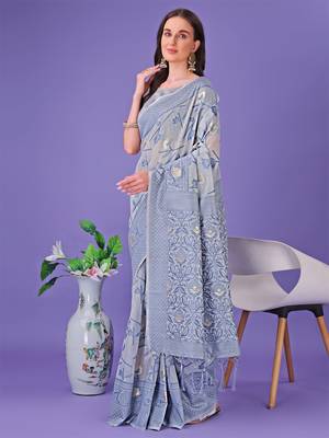Grey linen cotton woven zari work tassel saree 2