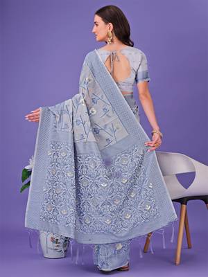 Grey linen cotton woven zari work tassel saree 3