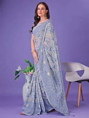 Grey linen cotton woven zari work tassel saree 4