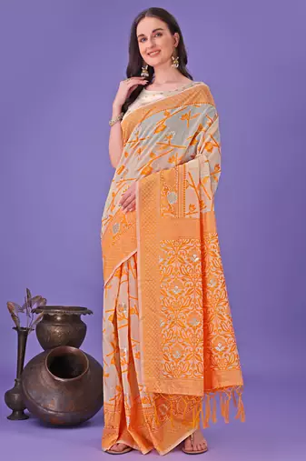 Orange linen cotton woven zari work tassel saree