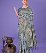 Teal cotton woven zari work tassel saree