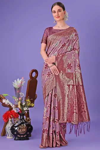 Purple cotton woven zari work tassel saree