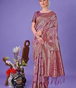 Purple cotton woven zari work tassel saree
