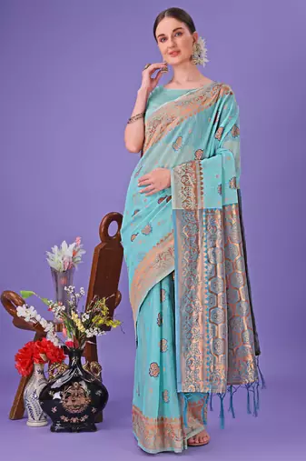Sea green linen cotton woven zari work tassel saree