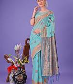 Sea green linen cotton woven zari work tassel saree