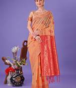 Orange linen cotton woven zari work tassel saree