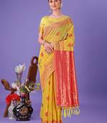 Yellow linen cotton woven zari work tassel saree