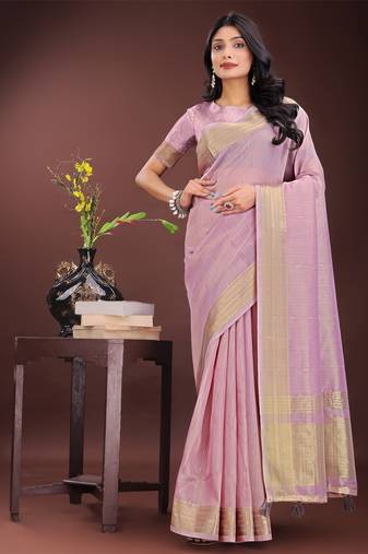 Purple organza woven zari work tassel saree