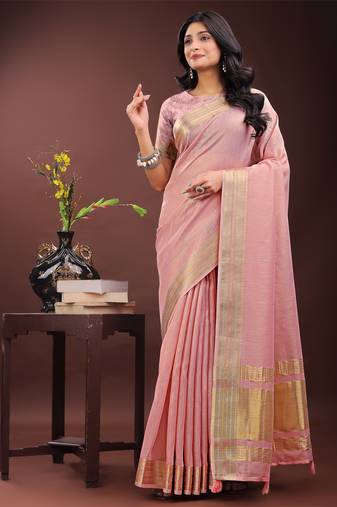 Light pink organza woven zari work tassel saree