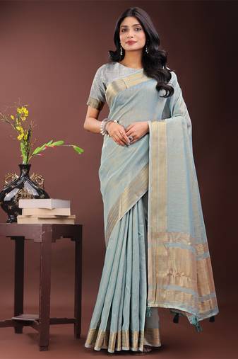 Sky blue organza woven zari work tassel saree