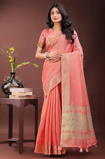 Peach organza woven zari work tassel saree