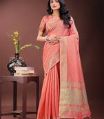 Peach organza woven zari work tassel saree
