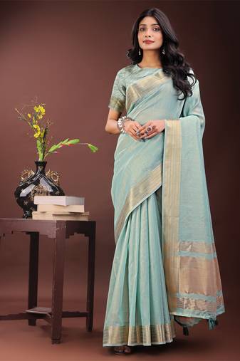 Olive green organza woven zari work tassel saree