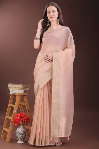 Peach organza woven zari work tassel saree