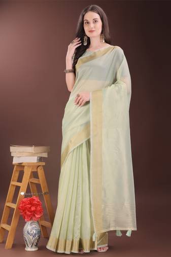Light green organza woven zari work tassel saree