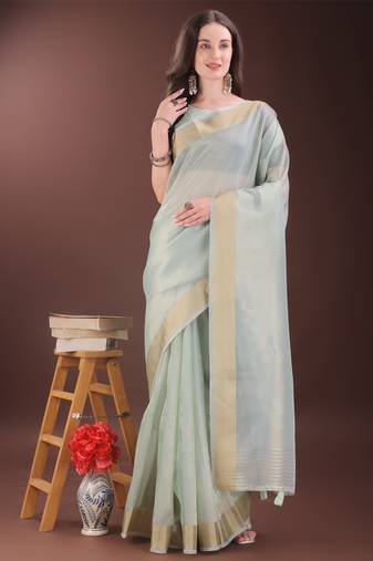 Sky blue organza woven zari work tassel saree
