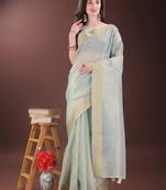 Sky blue organza woven zari work tassel saree