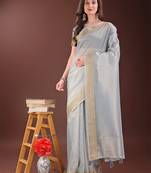 Grey organza woven zari work tassel saree