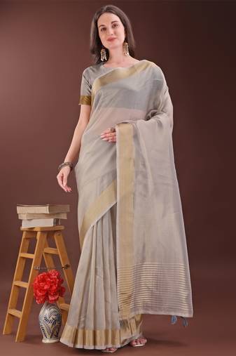 Brown organza woven zari work tassel saree