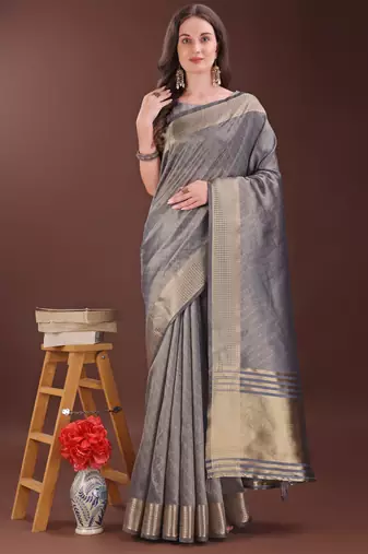 Grey organza woven zari work tassel saree