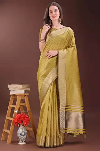 Mustrad organza woven zari work tassel saree