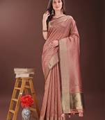 Peach organza woven zari work tassel saree