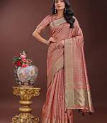 Peach organza woven zari work tassel saree