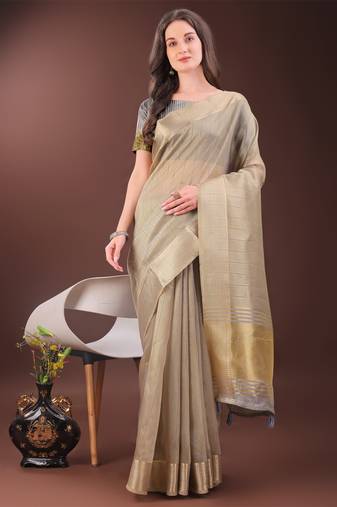 Beige  organza woven zari work tassel saree
