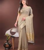 Beige  organza woven zari work tassel saree