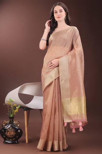Peach  organza woven zari work tassel saree