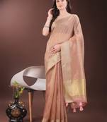 Peach  organza woven zari work tassel saree
