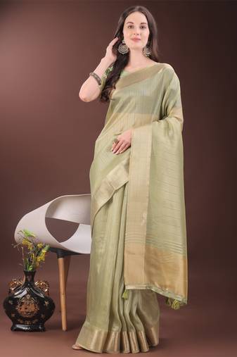 Mint green organza woven zari work tassel saree