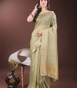 Mint green organza woven zari work tassel saree