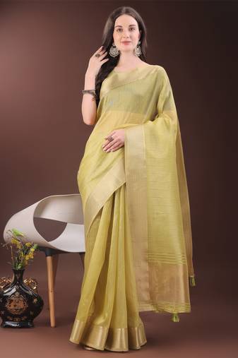 Yellow organza woven zari work tassel saree