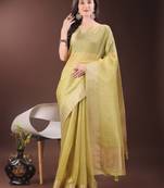 Yellow organza woven zari work tassel saree